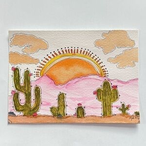“Cactus Sunset Bloom” — Original Watercolor & Ink Art Arizona Texas by Kyla H